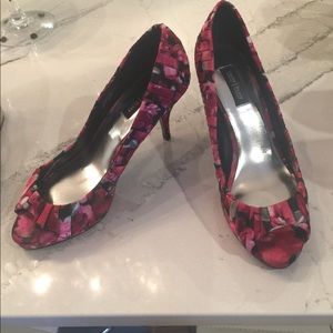 Floral pleated open toe heels